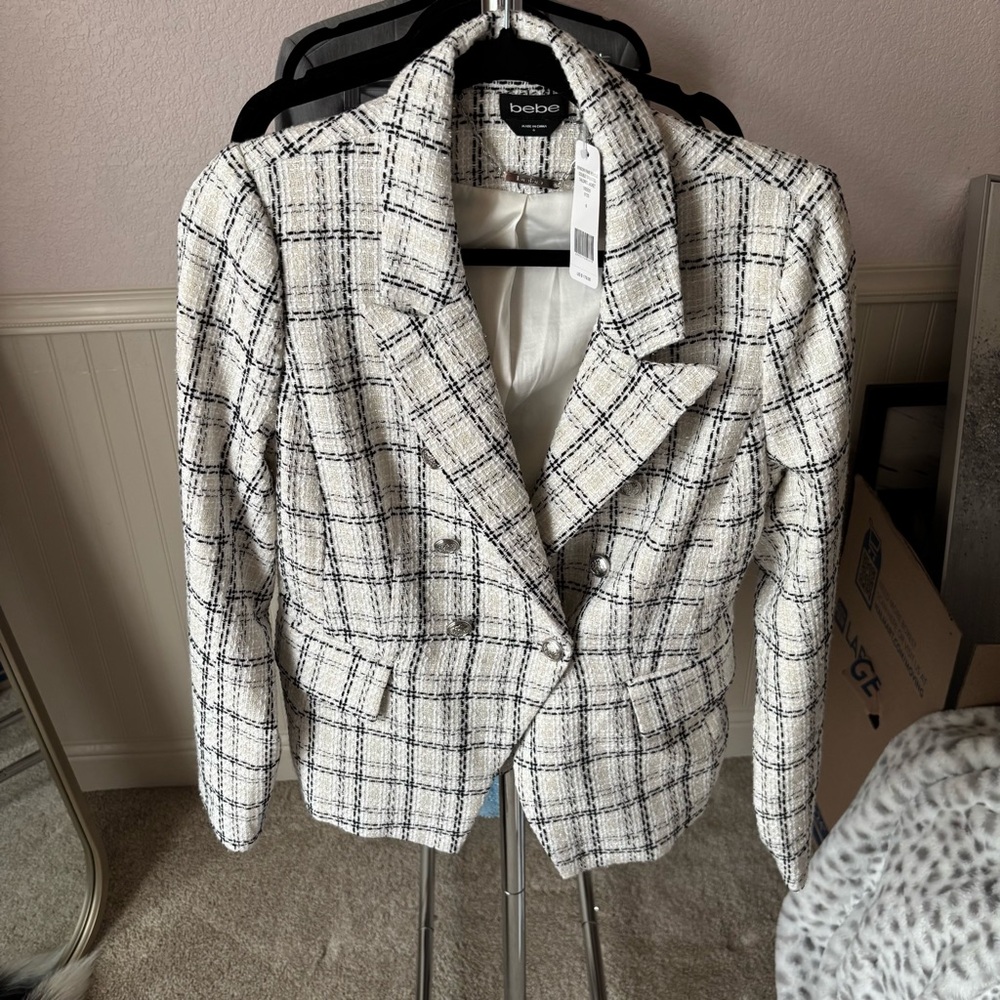 NEW Bebe Tweed White and Black Plaid Blazer